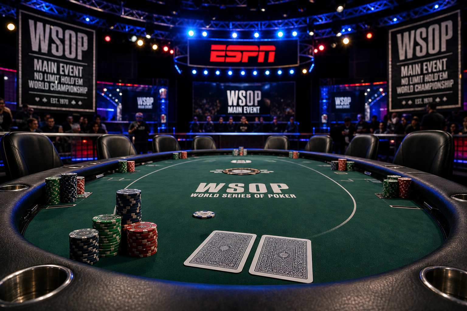 AI-generated photorealistic editorial image of an empty televised poker final table under blue broadcast lights with chips and face-down cards in the foreground.