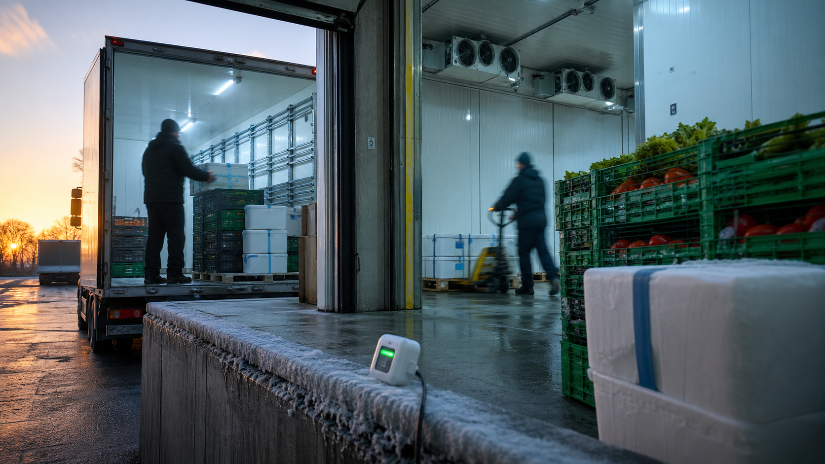 AI-generated photorealistic editorial image of a refrigerated loading dock with produce crates and vaccine coolers at dawn.