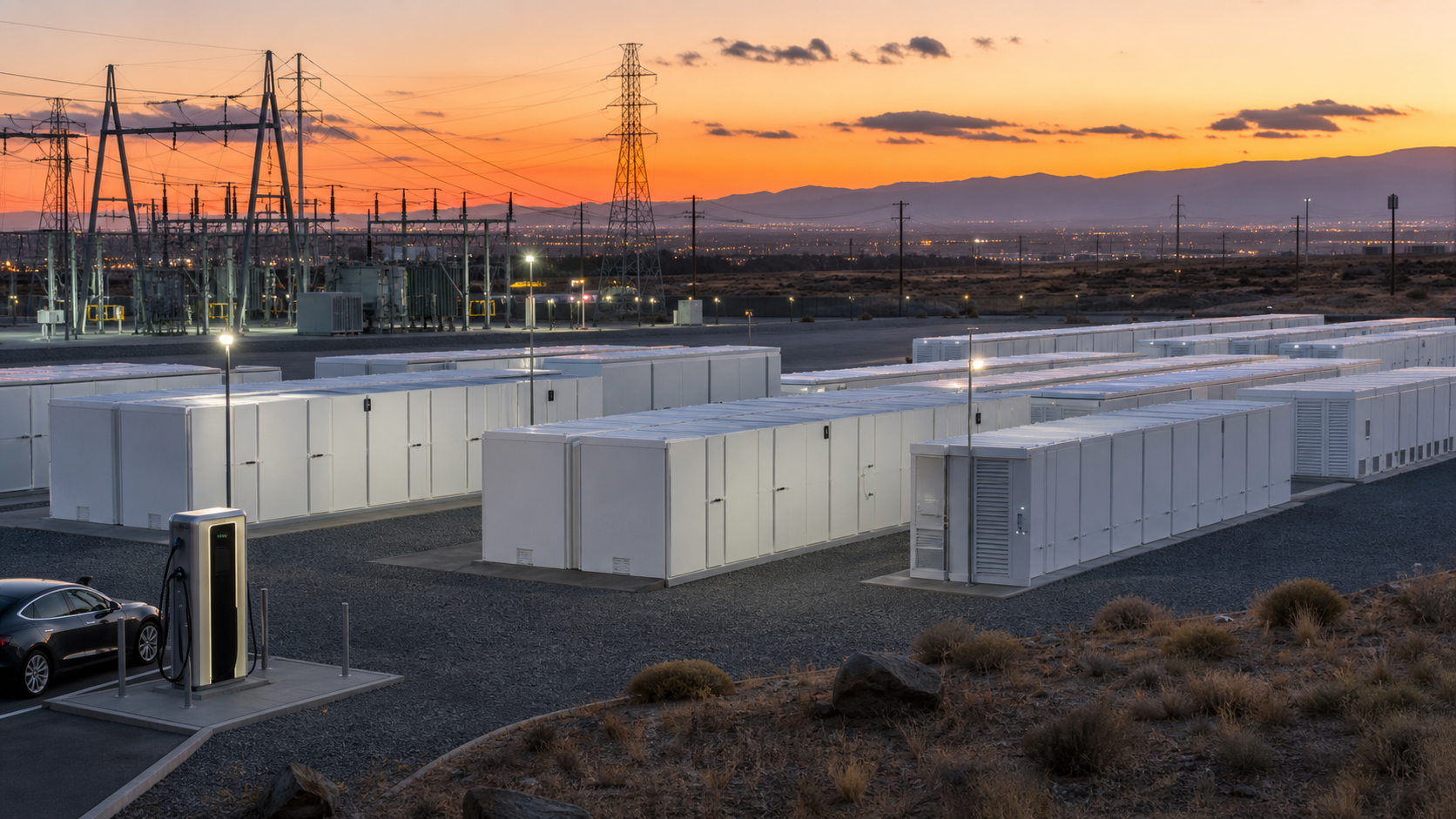 AI-generated photorealistic editorial image of a grid-scale battery storage site under transmission lines at dusk.