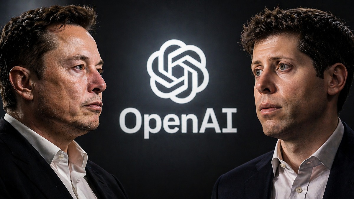 AI-generated editorial composite showing Elon Musk and Sam Altman facing each other with the OpenAI logo between them.