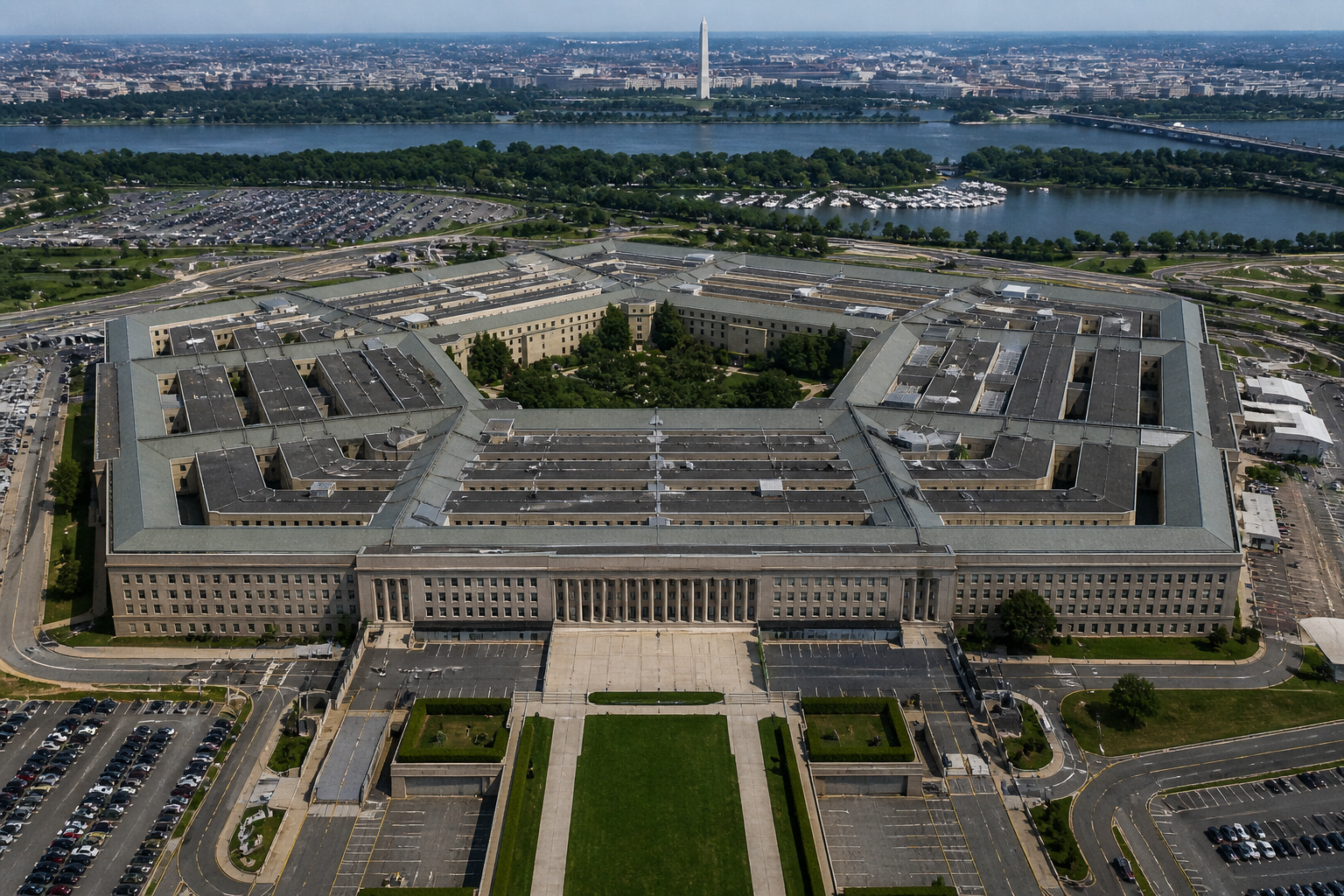 Photorealistic aerial image of the Pentagon complex in daylight, with Washington, D.C. visible in the background
