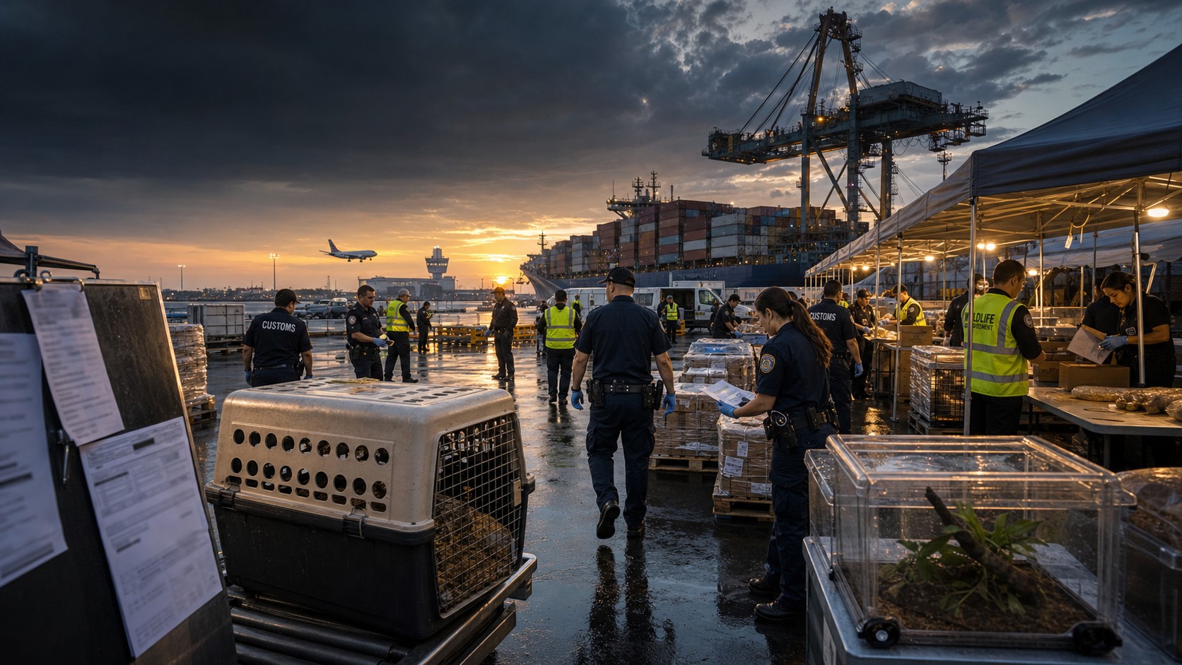 Wildlife and customs officers inspecting freight, permits and animal transport crates at a rain-slick seaport and airport cargo checkpoint at sunrise